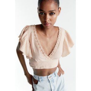 ☀️Zara nude linen plunge neckline crop top w/ floral mesh-like embroidery, M